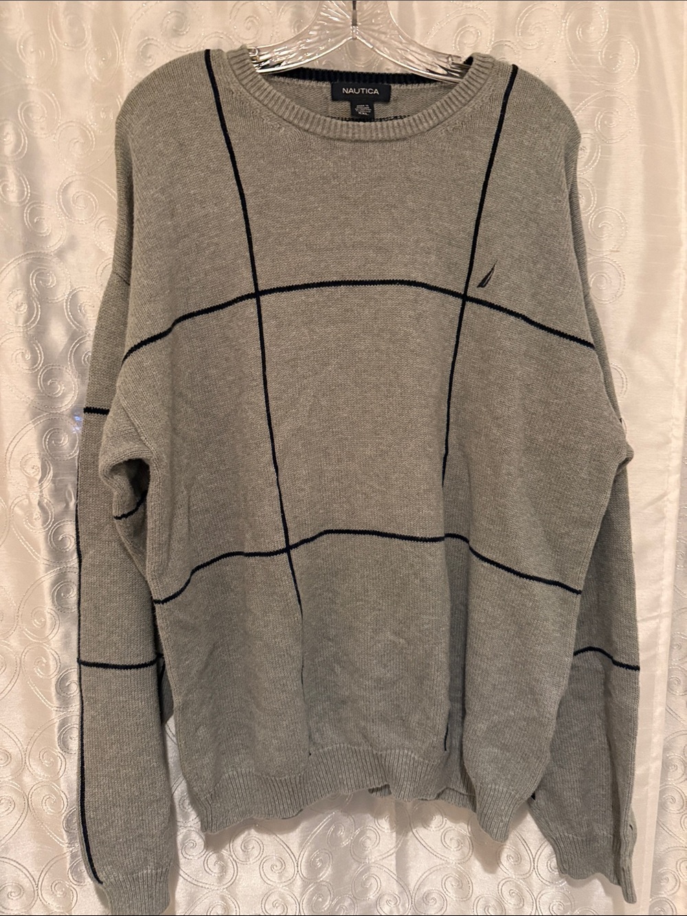 Nautica Men's Gray Crewneck Sweater with Navy Grid Size XXL 🔥 G8